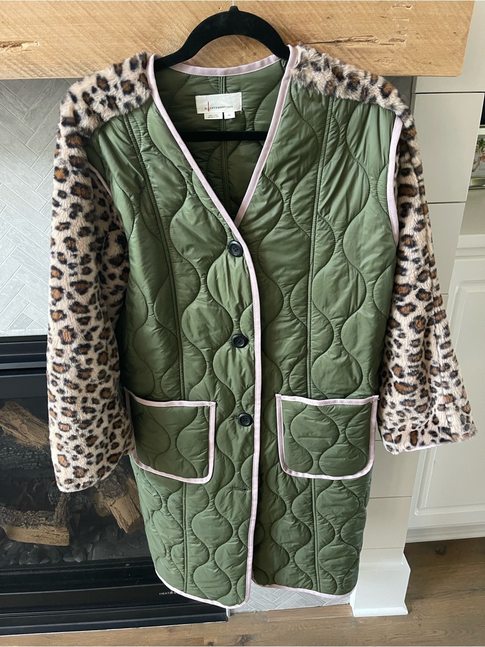 Anthropologie Olive Green Quilted Coat with Leopard-Print Sleeves
